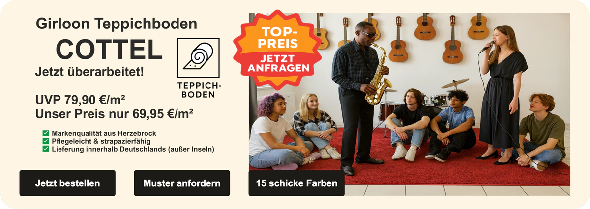 „Musikzimmer mit Girloon Teppichboden COTTEL in Rot – weiße Fliesen, Gitarren an der Wand, Saxophonist, Sängerin und Jugendliche im Raum.“